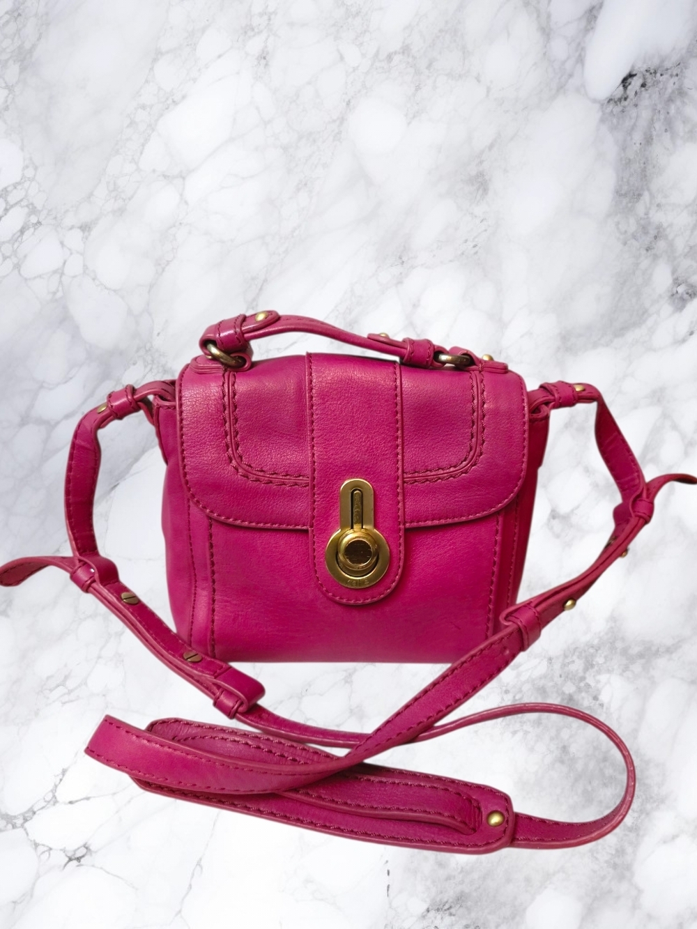 Rafe New York Rare Pink Leather Crossbody Bag Mini Satchel Turnlock Gold Accents